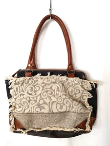 Bolso Cartera Myra Denim y Lona Top Cremallera Cuero y Flecos Borde #19124 - Imagen 1 de 4