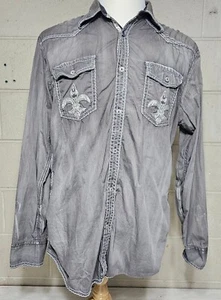 Roar Long Sleeve Button Down Shirt Distressed Grey Mens XL Honor Fluer De Lis - Picture 1 of 7