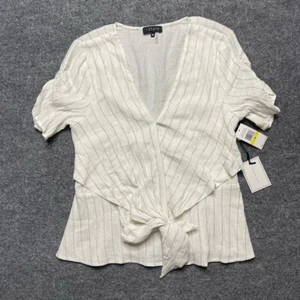 1. State Womens Heritage Bloom Blouse Ecru Striped Short Sleeve Tie Front M New - Picture 1 of 8