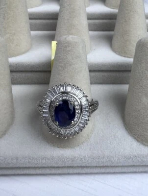 Anillo STS Grande Zafiro Azul Gema + Halo de Diamantes Talla 10 Plata de Ley 925 Nuevo con Etiquetas Foto 1 de 4