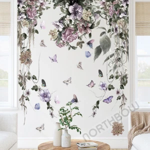 Beauty Floral Purple Flower Vine Wall Sticker Decal Rose Butterfly Corner Decor - Picture 1 of 7