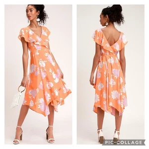 NEW Lulus Orange Pink Floral Print Ruffled Garden of Joy Wrap Dress Medium - Picture 1 of 7