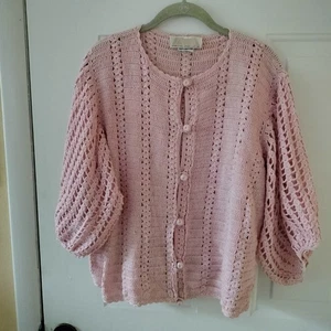 Vintage Pink Cotton Knit Button Up Sweater Top Bell Sleeves XL Wedding Office - Picture 1 of 13