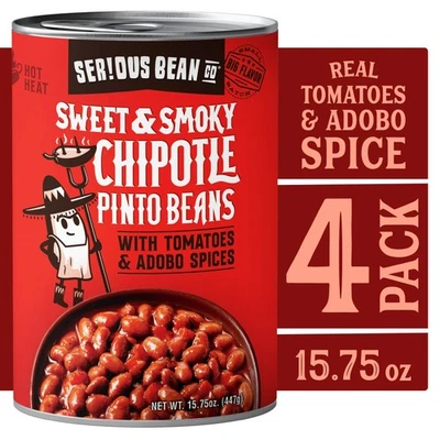 SERIOUS Bean Co Sweet & Smoky Chipotle Pinto Beans, 4-pack of 15.75 Oz Cans