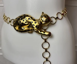 Gold Color Jaguar Cheetah Leopard Cat Metal Chain Link VTG Belt Womens - Picture 1 of 14