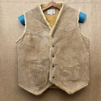Vintage Scully Suede Vest Sherpa Lining Natural Tan Western Hippie Snap Button - Image 1 of 4