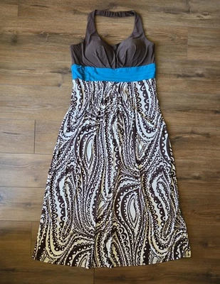 Maxi Vestido Bisou Bisou Para Mujer Plus 18W Marrón Azul Paisley Artístico Halter Maxi Y2K Foto 1 de 4
