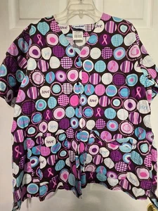 Landau Scrub Top size XL-VIBRANT Purple/Aqua Circles Snap-UpChest 26.5"/L 28.5" - Picture 1 of 5