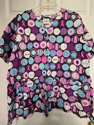Landau Scrub Top size XL-VIBRANT Purple/Aqua Circles Snap-UpChest 26.5"/L 28.5" - Image 1 of 4