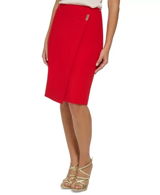 Falda lápiz asimétrica DKNY Petite para mujer 6P roja lisa cierre con cremallera trasera Foto 1 de 4