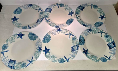 Set of 6 NEW Royal Norfolk Blue Sea Life Starfish Shell Sea Shore Dinner Plates - Image 1 of 4