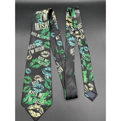 Steven Harris Mens "Kiss Me Im Irish" Novelty Tie Black Green Lips St. Pattys - Image 1 of 4