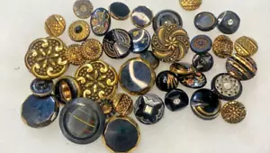 Lote de 40 botones antiguos de vidrio negro moldeados de lujo adornados brillo dorado - Imagen 1 de 6