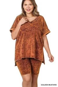 PLUS MINERAL WASH V-NCEK HI-LOW HEM TOP & BIKER SHORTS SET - Picture 1 of 7