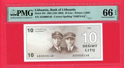 LITHUANIA  10 LITU  1991  AE  LOW # 0000148  PICK # 47b  PMG 66 GEM UNC EPQ. - Image 1 of 2