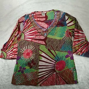 Parsley & Sage Medium 3/4 Sleeve Sequin Beaded 60s Floral Multicolor Print - Picture 1 of 12