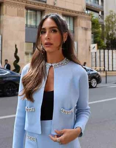 ZARA NUEVO CÁRDIGAN MUJER PUNTO LISO APLIQUES ESTRÁS AZUL TALLA L REF.5755/022 - Imagen 1 de 7