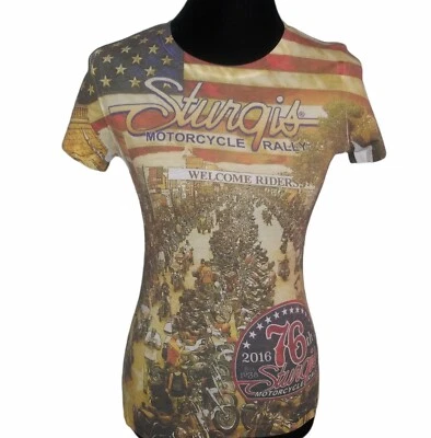 2016 STURGIS T-Shirt Women Medium Motorcycle Flag USA Stretch Slim Fit Americana - Image 1 of 4