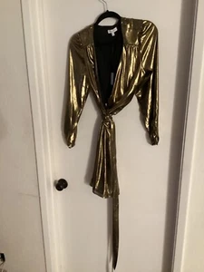 Women "NWT Ginnia Bini gold lame long sleeve deep neckline w/ belt dress. Size L - Picture 1 of 2