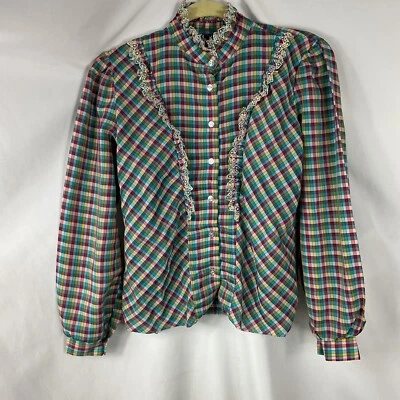 Ретро 1980-х Frederico блузка девочек Junior 13 многоцветный длинным рукавом кнопка спереди - Изображение 1 из 2