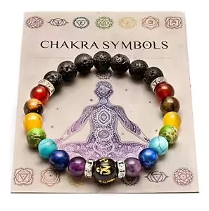 Brand New 7 VOLCANIC ROCKS + Rainbow Chakra Bracelet Stretch Black W Multi color - Picture 1 of 4