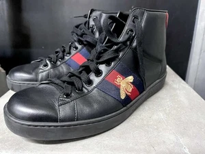 Gucci Ace High Top Sneakers Bee Web Black Leather Red/Blue 501803 US9UK8EU 42 - Picture 1 of 9