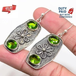 925 Silver August Birthstone Natural Peridot Channel Set Dangling Hook Earrings - Picture 1 of 8