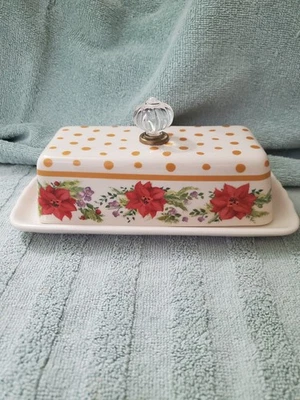 Pioneer Woman Butter Dish Holiday Cheer Poinsettias And Yellow Polka Dots  B26 - Image 1 of 4