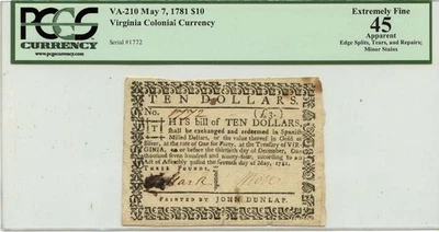 1781 May 7, $10 Virginia Colonial Note FR#VA-210 PCGS XF45 6 Known - Image 1 of 2