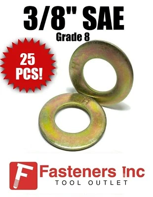 REDDING FASTENERS (Qty 25) 3/8" SAE Flat Washers Thru-Hardened / Grade 8 Yellow Zinc