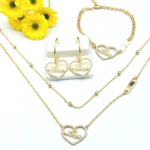 14K Gold Plated Love Heart Set Double Layer Necklace - Bracelet - Earrings - Picture 1 of 8