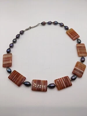 Precioso Collar Hecho a Mano Cornalina y PERLA NEGRA BARROCA Cierre Plata 50 cm Foto 1 de 4