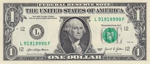 Series 2021 One Dollar Federal Reserve Note Trinary Serial Number L 91919990 F - Picture 1 of 2