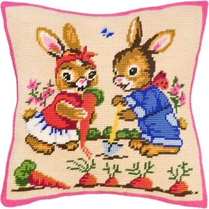 DIY Needlepoint/Tapestry Pillow Kit "Rabbits the Farmers" 16x16 in / 40x40 cm - Picture 1 of 5