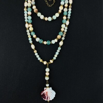 Boho Earth Tone Amazonite Matte Multi Strand Necklace Antique Gold Tone Shell Foto 1 de 4