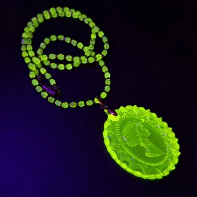 Uranium Necklace 22'' Cameo Pendant Vaseline Glass Czech Beads Women`s Jewelry - Image 1 of 4