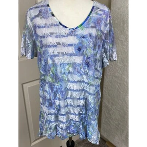 Roz & Ali Floral Overlay Spitze Top Bluse transparente Ärmel leicht blau grün 3X - Bild 1 von 8