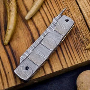 SHARD™Fancy Folder Hand Forged Full Damascus Liner Lock Pocket Knife  W/Leather - Picture 1 of 13