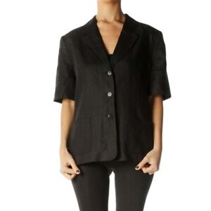Talbots Irish Linen Short Sleeve Jacket Black Button Up Collar Womens Size 14