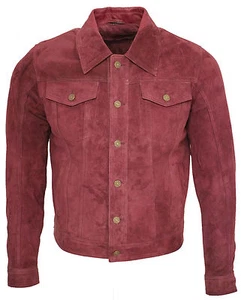 Men's Trucker Casual Burgundy Goat Suede Leather Shirt Jeans Jacket  - Picture 1 of 6