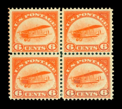 US 1918 AIRMAIL - Curtiss Jenny  6c yellow  Scott # C1 mint MNH VF  Block of 4 - Image 1 of 2