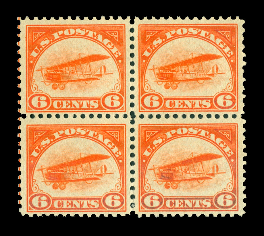 US 1918 AIRMAIL - Curtiss Jenny  6c yellow  Scott # C1 mint MNH VF  Block of 4 - Image 1 of 2