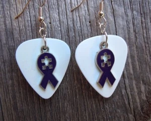 Purple Ribbon with Puzzle Piece Cut Out Charm Guitar Pick Earrings - Picture 1 of 5