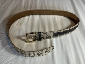 Michael Kors Womens Leather Cream & Brown MK Logo Square Gold Buckle Belt EUC! - Picture 1 of 6