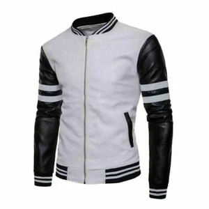 Black And White Biker Jacket Men's Slim Fit Lambskin Leather Motorcycle Jacket - Picture 1 of 6