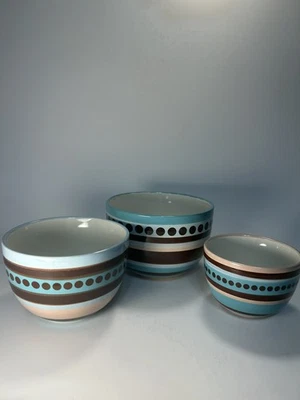 Harbor East 3 piezas cuencos anidadores 6,25", 5,25", 4,25" rosa marrón azul rayas, puntos Foto 1 de 4
