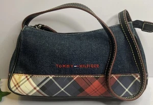 Vintage 90er Tommy Hilfiger rot kariert Denim Handtasche klein Lederriemen - Bild 1 von 10