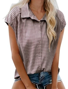 Womens Button Down Shirts Short Cap Sleeve Summer Cotton V Neck Collared Stri... - Picture 1 of 5