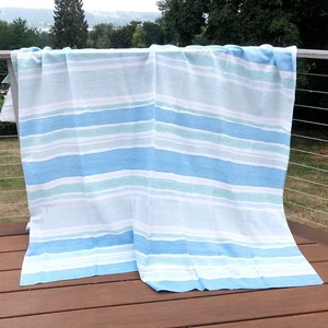 Beach Cabana Stripe Shower Curtain 100% Cotton Blue Green Gray - Picture 1 of 4