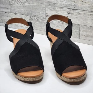 Open Toe Suede Elastic Strap Espadrille Wedge Heel Sandals 8.5M Black Shoes - Picture 1 of 10